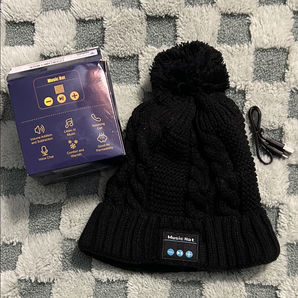 Music Hat, unknown brand, new never used, black, instructions, charging cord